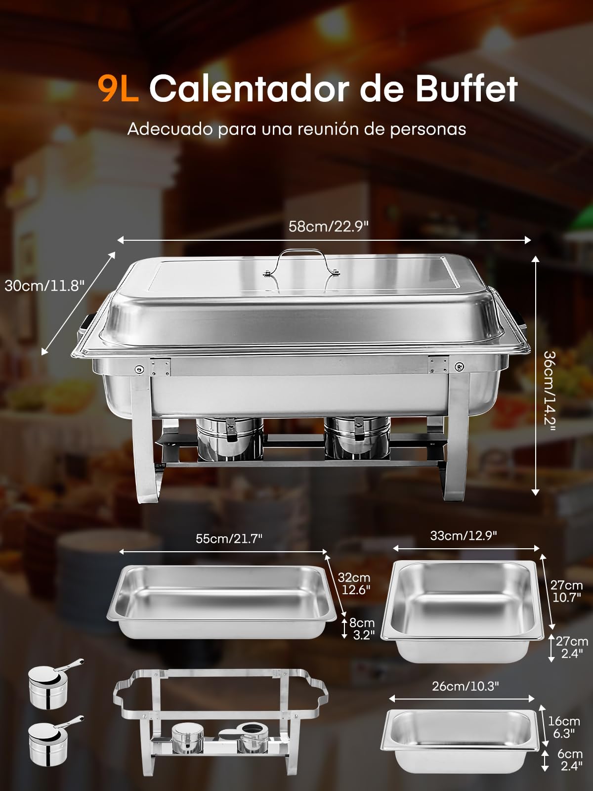 Calentadores de Comida para Buffet, 4PCS Chafing Dish Buffet Set, 9L Servidor de Calentador Buffet de Acero Inoxidable, Calentador de Alimentos para Catering Fiesta (2×GN1/1+2×GN1/2+4×GN1/4)