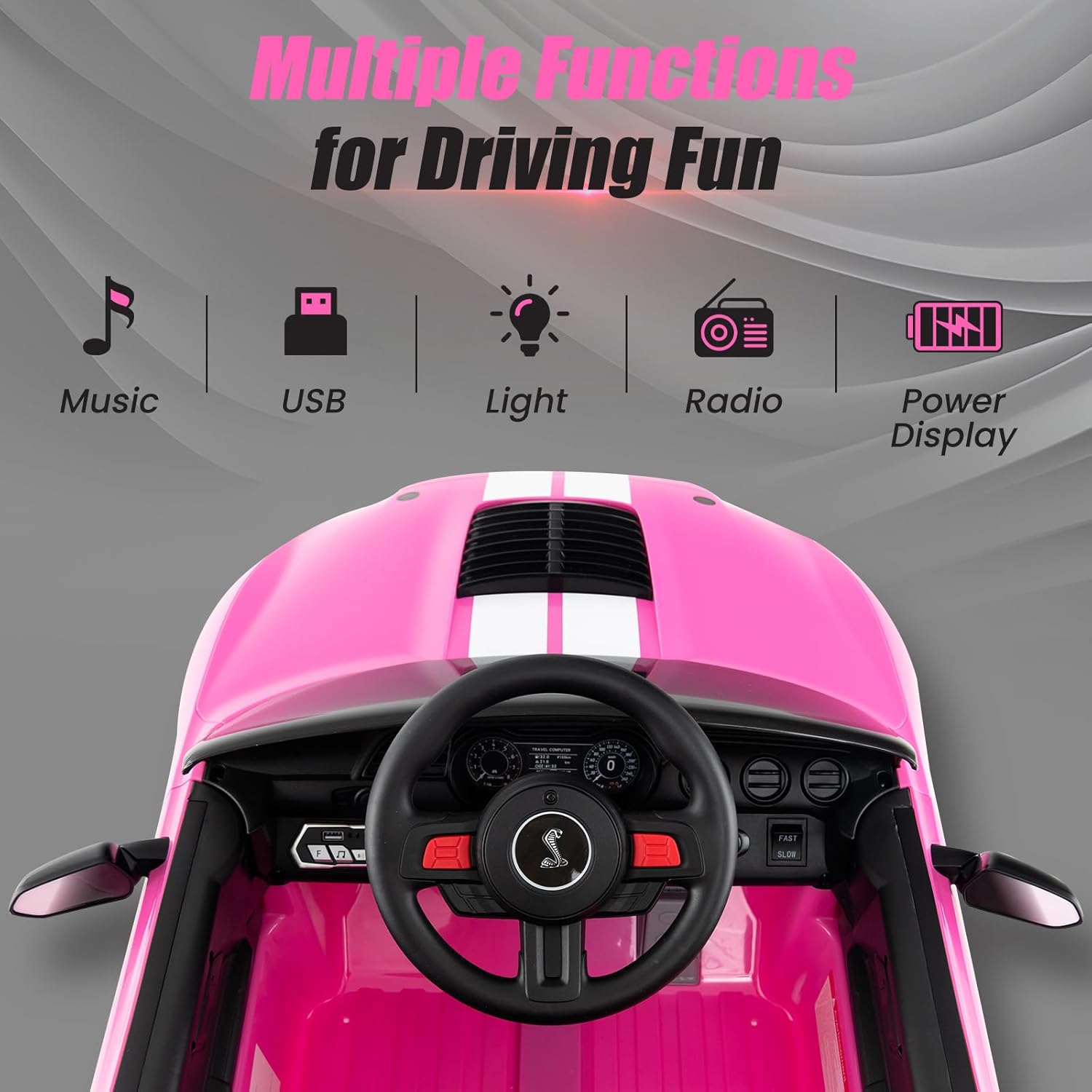 Licensed Ford Mustang GT500 Ride on Car for Kids by INFANS, Battery Powered Electric Vehicle with Remote Control, Headlight, Power Display, USB, Music, Electric Car for Kids to Drive Age 3+ (Pink)