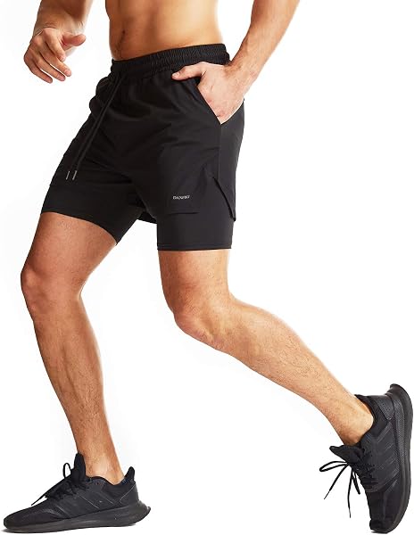 Danfiki Short de Sport 2 en 1 Respirant pour Homme avec Poches Sport Séchage Rapide Leggings de Sport avec Poche Base Layer Stretch - 2