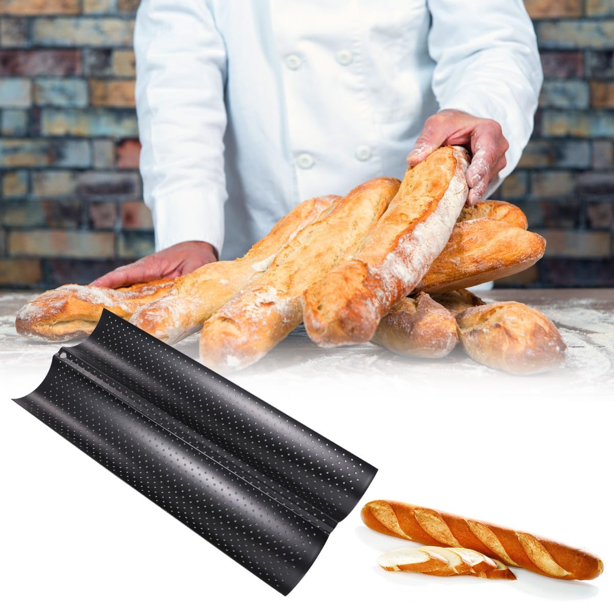 Wavy Loaf Baking Tray 2-slot Non-stick Bread Pan Black Small Size for Home and Restaurant Baking Baguette Bread Loaf Pans