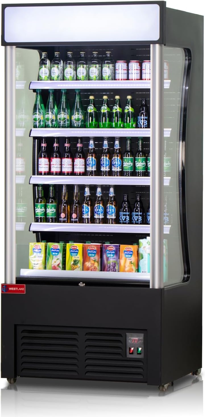 WESTLAKE Open Air Merchandiser Commercial Refrigerator with Lighting and Night Curtain 25.5 Cu.ft 35.4” W 32.5" D Upright Fan Cooling Display Cooler for Stores, Supermarkets, Bar, Shops, etc