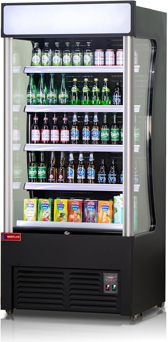 WESTLAKE Open Air Merchandiser Commercial Refrigerator with Lighting and Night Curtain 25.5 Cu.ft 35.4 W 32.5" D Upright Fan Cooling Display Cooler for Stores, Supermarkets, Bar, Shops, etc