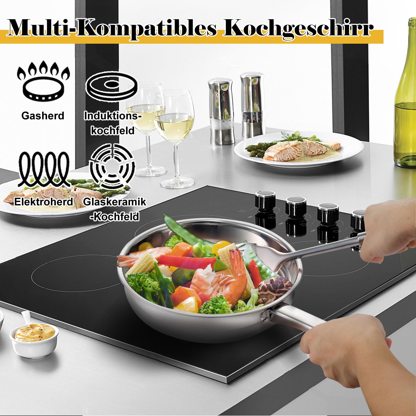 Hunnycook Topfset Induktion - 15-teilig, Starkbodig Edelstahl Töpfe Set, Inklusive Kochtöpfe, Bratpfanne und 3 Küchenhelfer, Feststehende Griffe, Geeignet für Alle Herdarten, Spülmaschinengeeignet