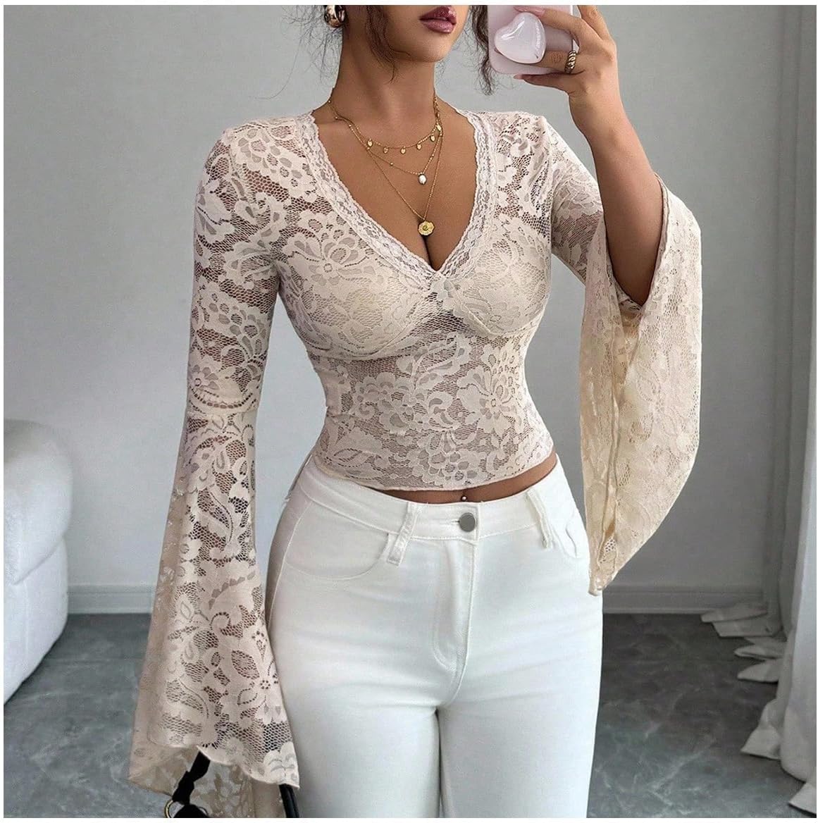 MakeMeChic Women's Floral Lace Deep V Neck T Shirts Bell Sleeve Mesh Fitted Crop Tops - Image 2