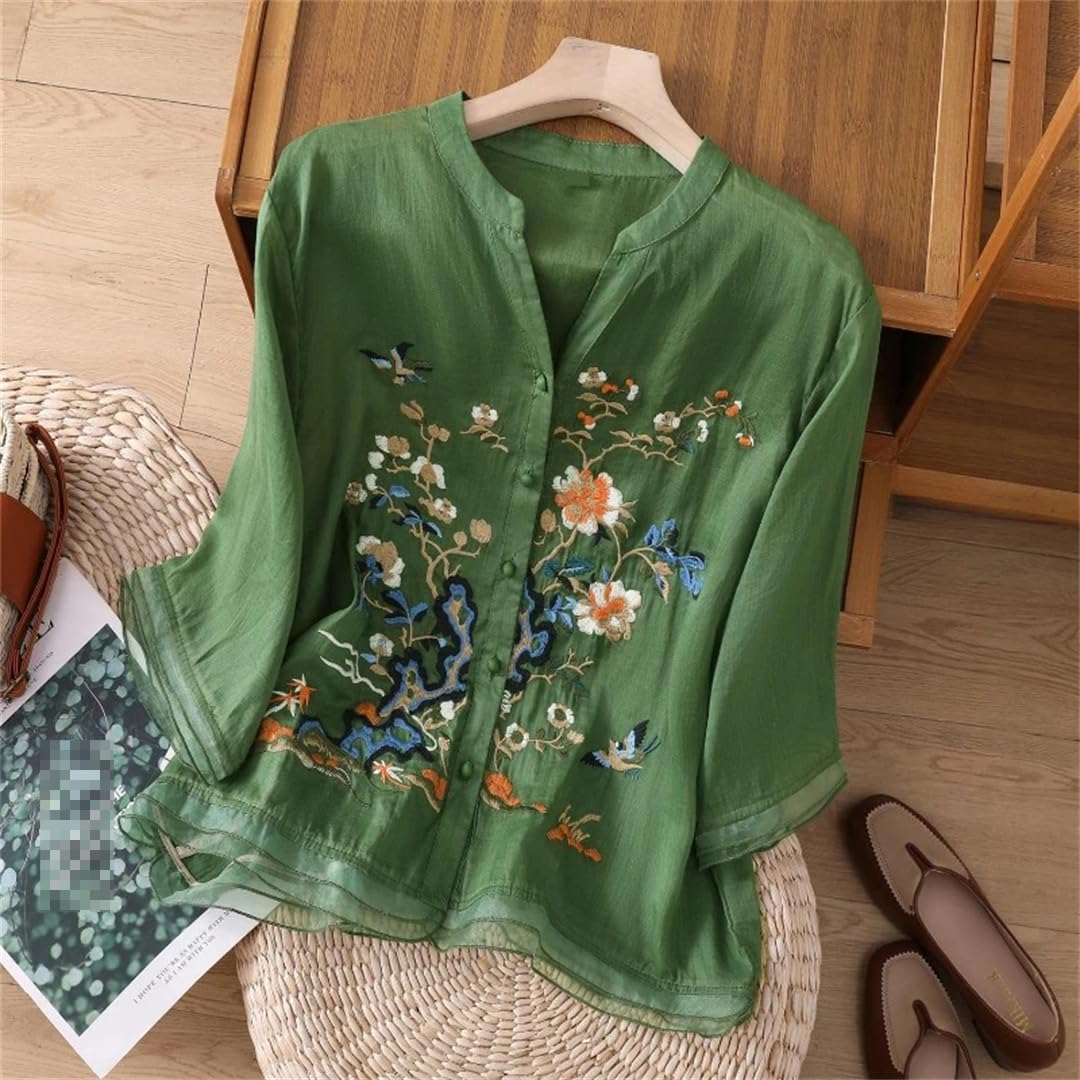 Vintage Haftowane bluzki w stylu chińskim koszule damskie letnie luźne krótkie rękawy bawełniane lniane topy