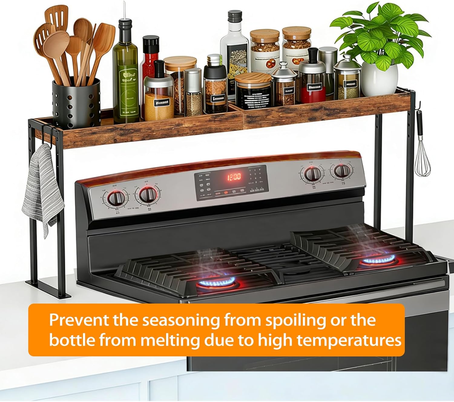 Spice Rack Shelf for Kitchen Stove, Over The Stove Shelf with 4 Level Adjustable Height, Over Stove Spice Rack with 4 Hooks, Black