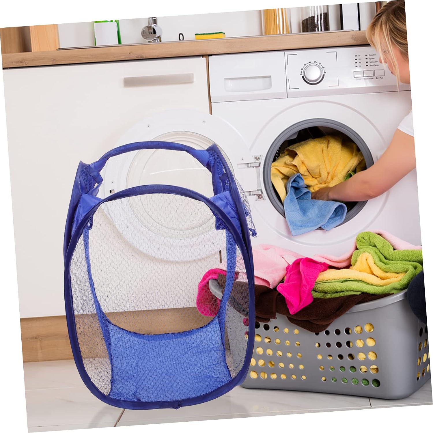 Foldable Mesh Laundry Basket Hamper with Side Pocket Blue | Nylon and Steel Wire Build, Two Handles, Pop up Frame, for Office and Camping