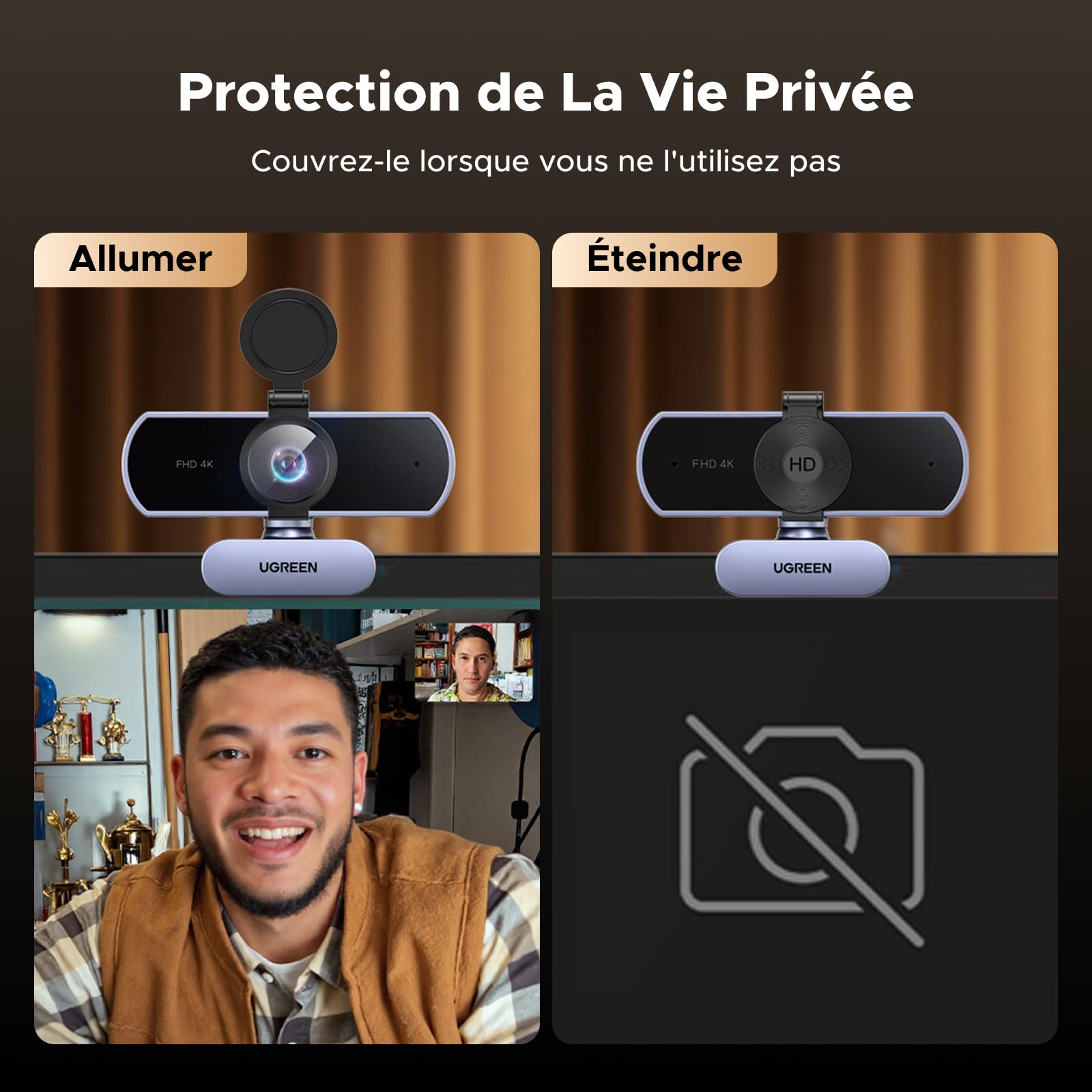 UGREEN FineCam Lite 4K Webcam 30FPS Caméra USB A C PC Autofocus Deux Micro Antibruit Correction Lumière 360 Degrés Rotation Plug Play Windows MacOS Linux Streaming Youtube Skype Appel Zoom