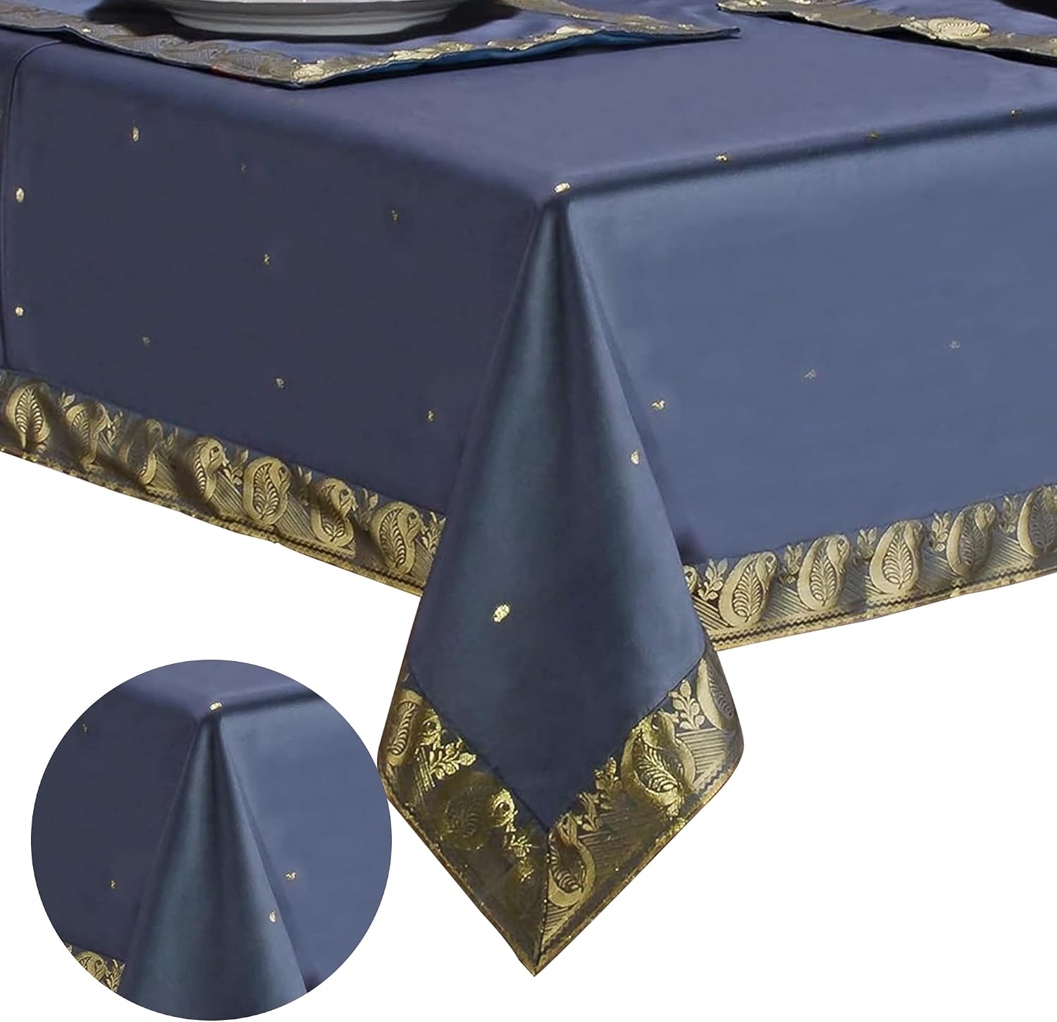 Sophisticated Grey Handmade Sari Fabric Square Tablecloth with Golden Paisley Borders | Vintage Table Cloth for Birthdays, Weddings Celebrations & Everyday use Tablecloth -70" x 70" In
