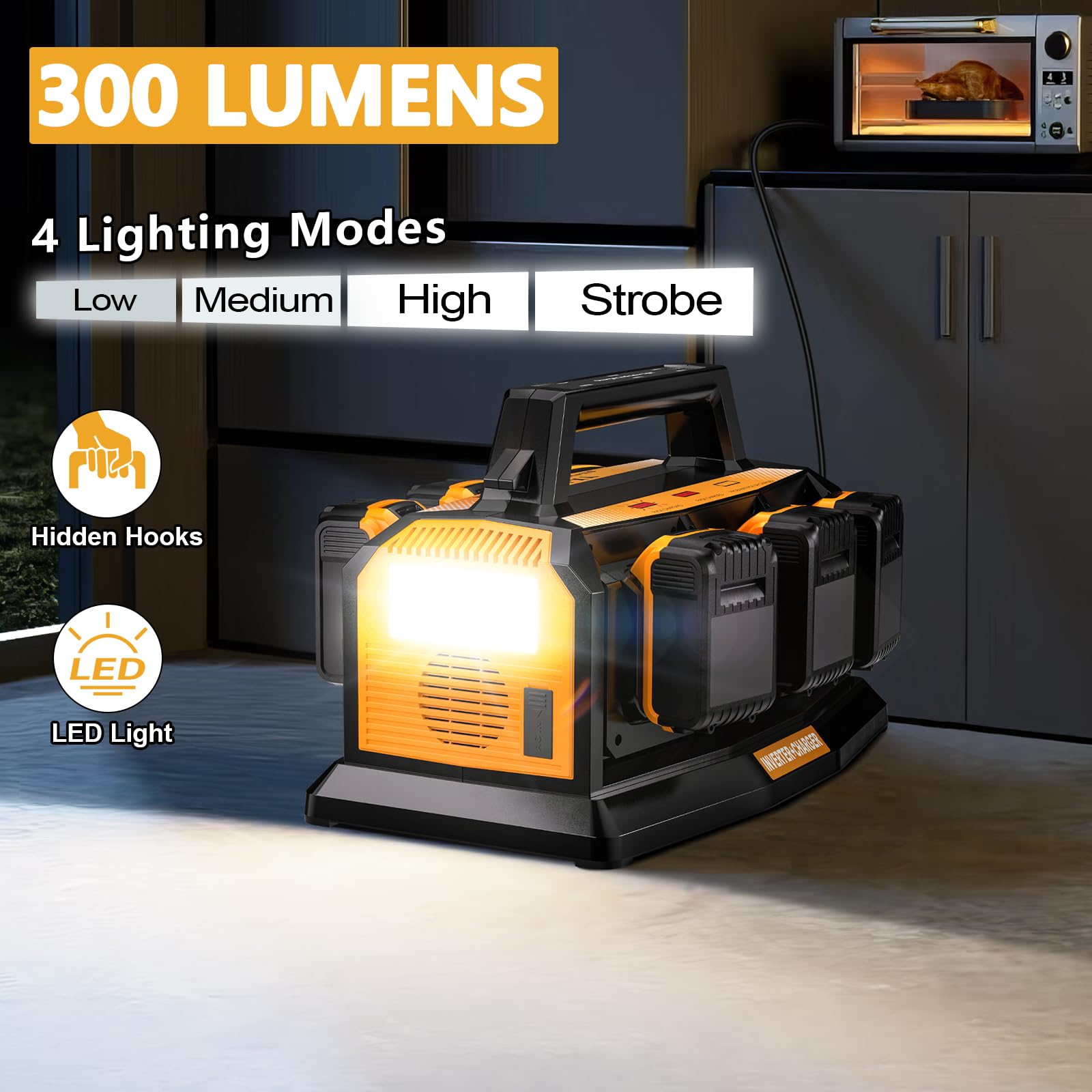 Inversor de potencia de 1200 W para batería Dewalt de 20 V, 6 puertos CC 20 V a CA 110-120 V Inversor de batería con 3 puertos USB-A, 3 puertos USB-C, luz LED de 300 lm para exteriores, camping,