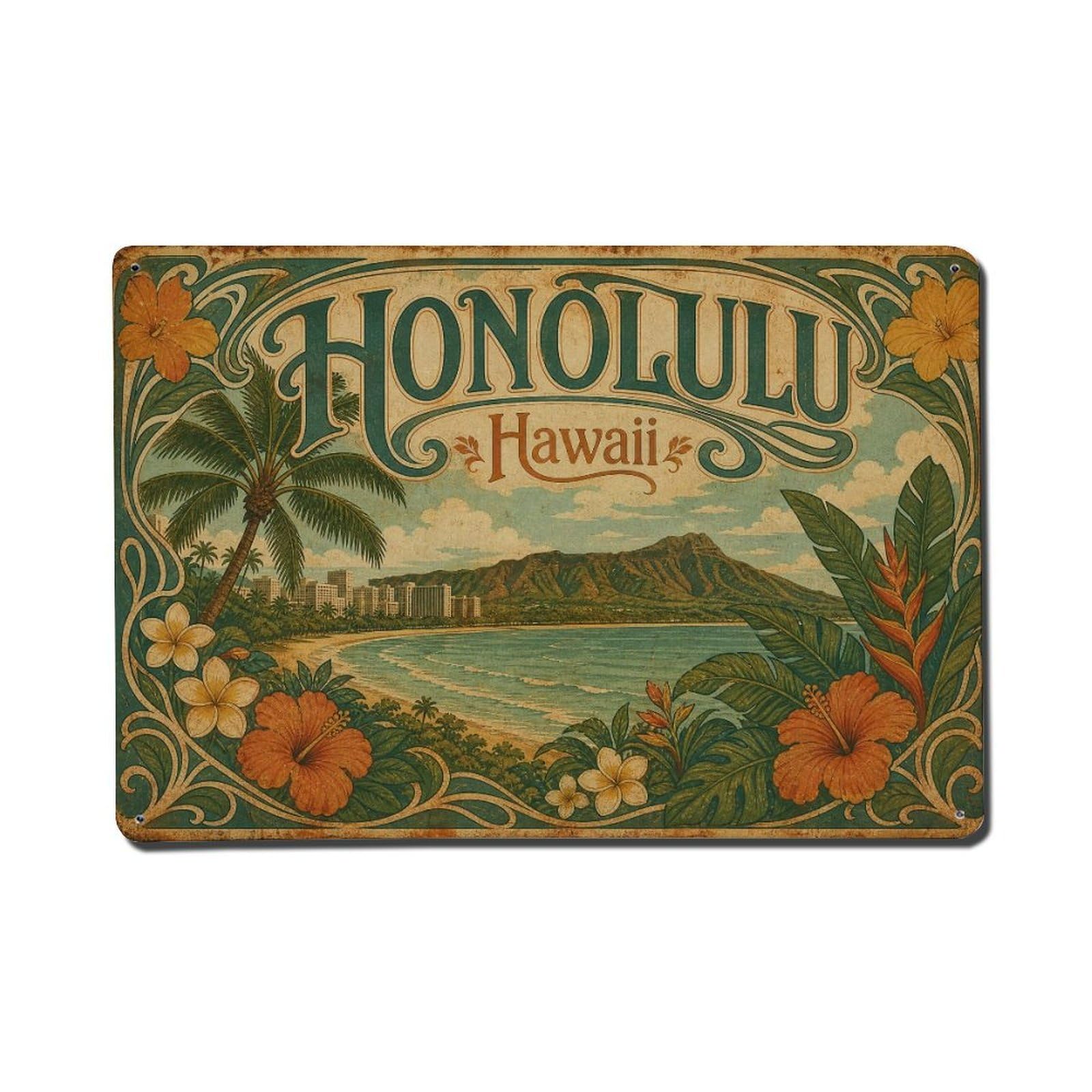 Honolulu Hawaii Island Tropical Coast Travel Metal Tin Sign