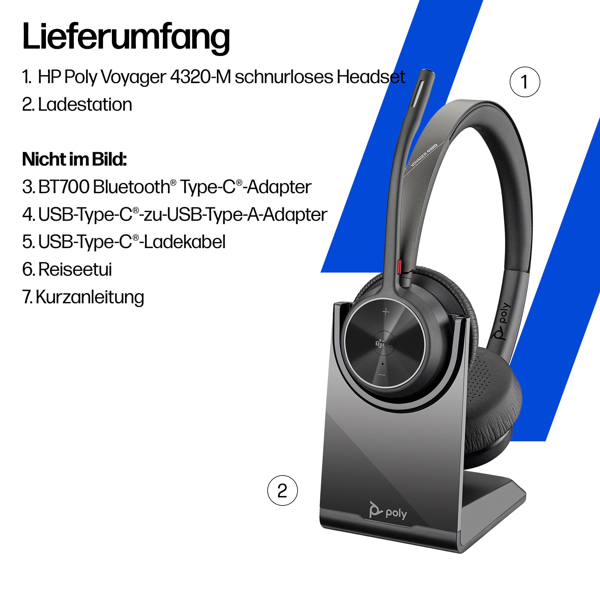 Schnurloses Poly Voyager 4320 UC-Headset und Ladestation – Stereo-Kopfhörer mit Noise Cancelling-Mikrofonarm, Verbindung mit PC/Mac/Mobiltelefon über Bluetooth, Kompatibel: Teams (zertifiziert), Zoom