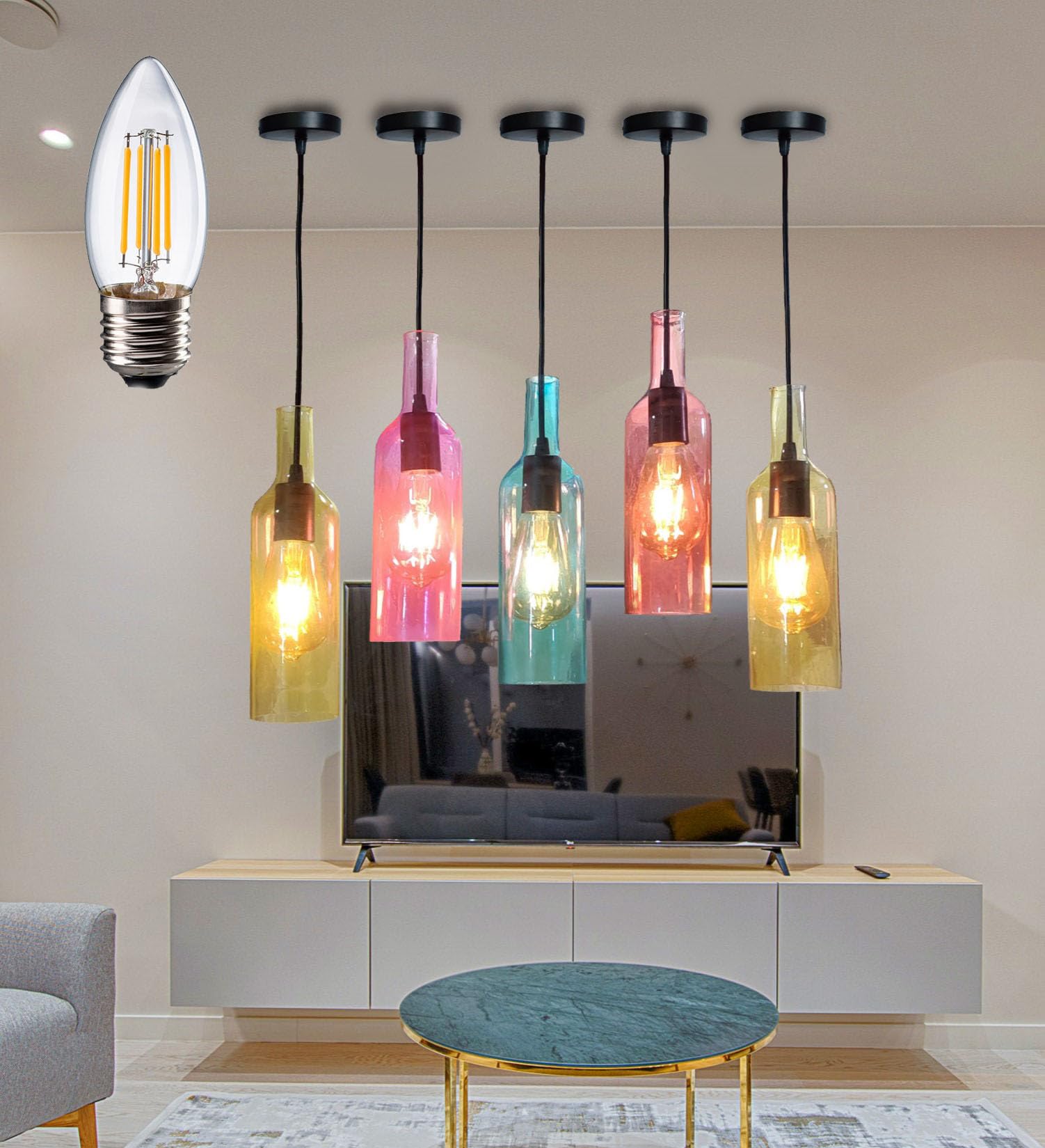 Lyse Decor Beer Bottle Ceiling Pendant Hanging Lamp, Multicolor (Pack of 5)(Glass)-image-7
