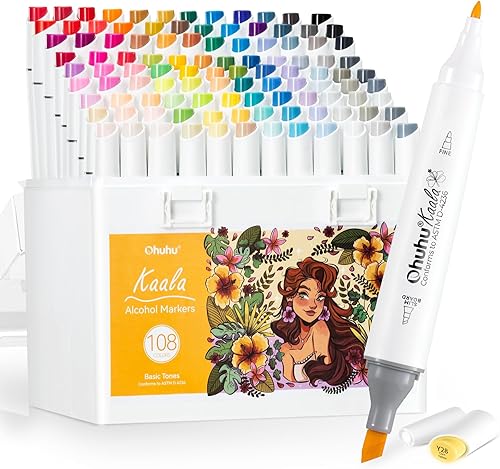 Ohuhu Marcadores de alcohol 108 colores: cincel ancho fino y delgado, doble punta, marcadores de arte recargables a base de alcohol para artistas,