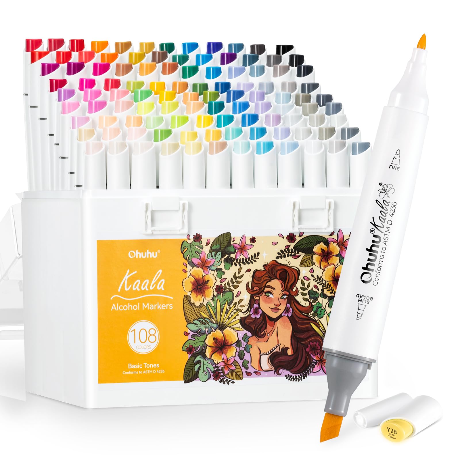 Ohuhu Alcohol Markers: 108 Colors Slim Broad and Fine Double Tipped Kaala Marker for Artists Adults Coloring Drawing Cartoon Anime Comic - Professional Art Pens with Ink Refillable Giftable Pen Set