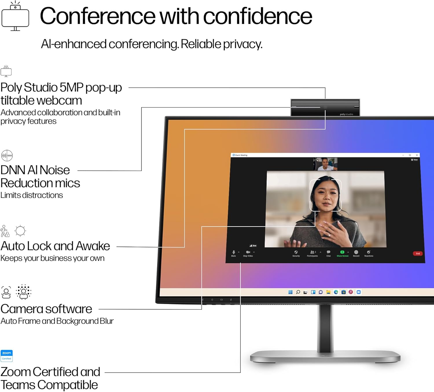 HP Series 5 Pro 24" FHD USB-C Conferencing Monitor, 5MP Pop-up Webcam, 4x3W Speakers, VESA Mount (100mm), Displayport, HDMI & Dockztorm USB Port Expander, Black/Silver