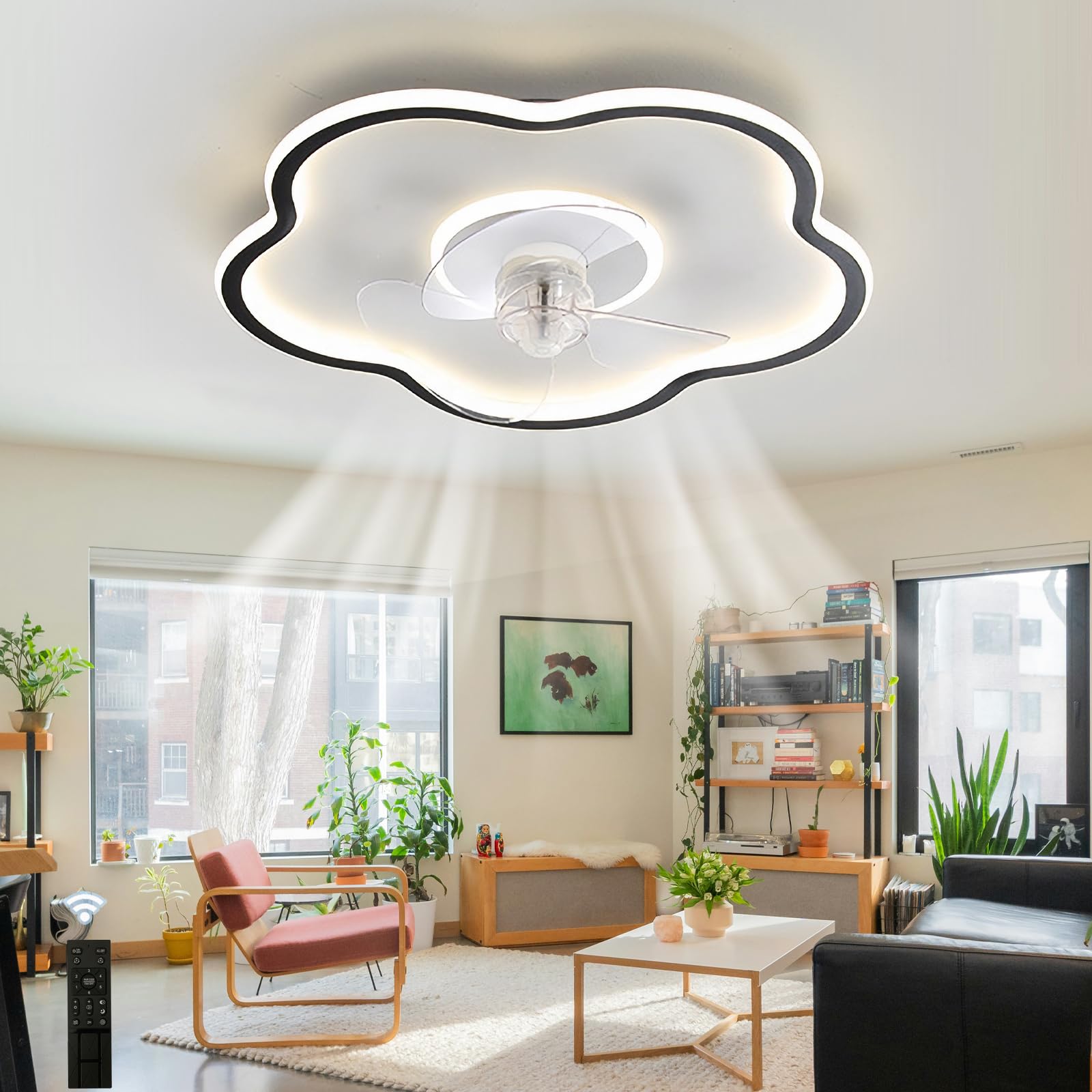 HXYSXHJUO Ceiling Fans with Lights Remote, 3 Colour Temperature Dimmable Lamps, Flower Fan Light Ceiling, Reversible, for Living Room, Bedroom, Dining Study Room-Black
