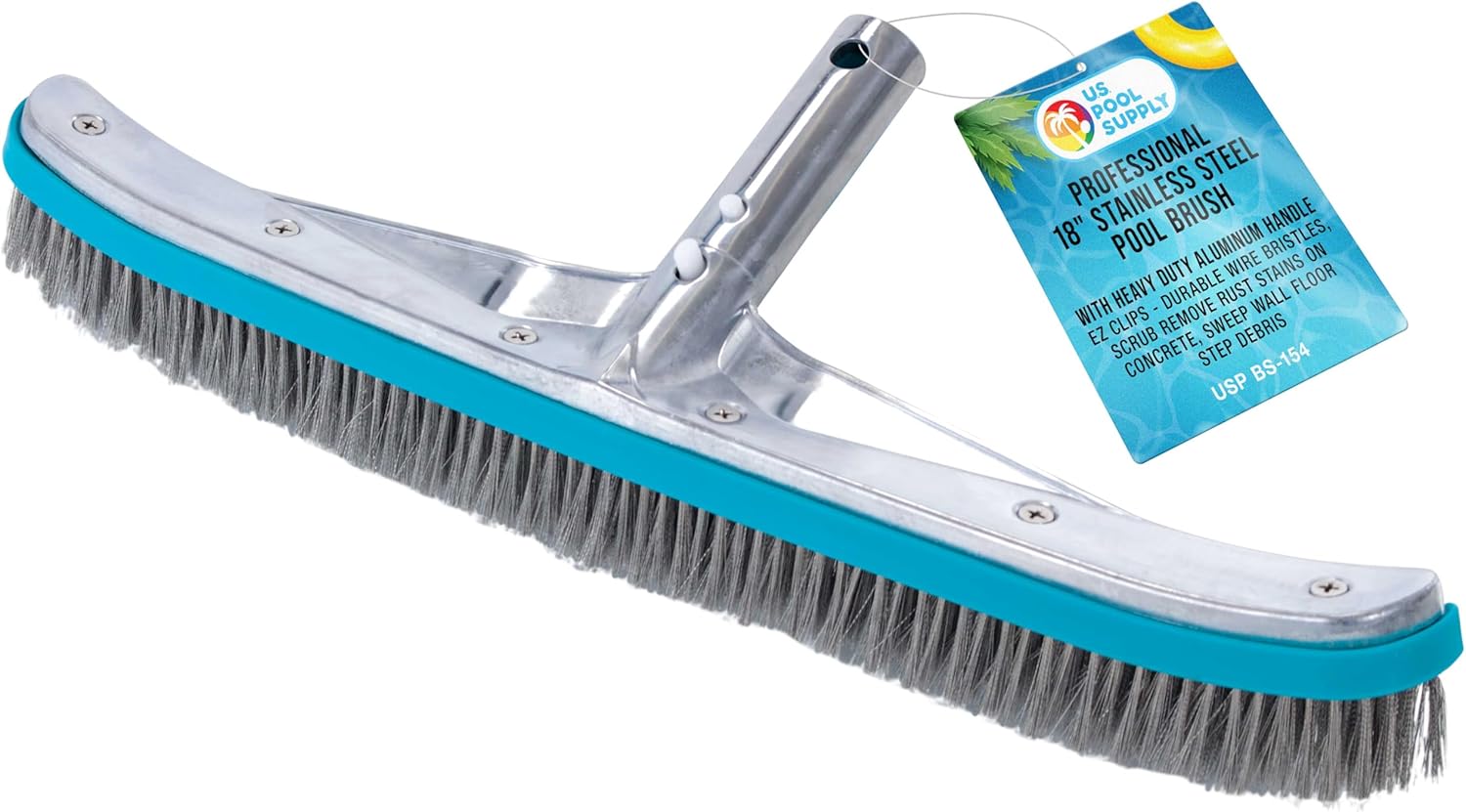 U.S. Pool Supply Pool Brush Head for Inground Pools - 18" Stainless Steel Pool Brush, Metal Wire Bristles, Scrubbing Scrubber Brushes - Remove Calcium Build-Up on Tiles, Rust Stains on Concrete Walls