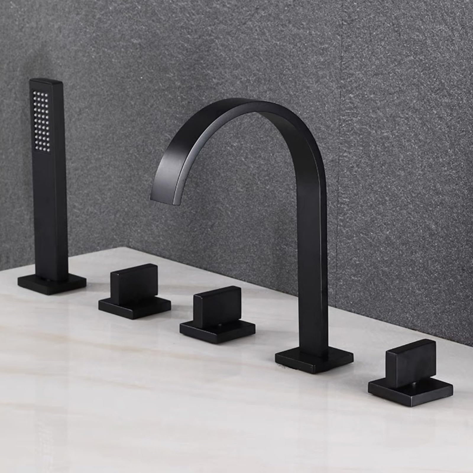 SnamicE 5 Hole Shower Bath Mixer Taps Deck Waterfall Bath Shower Mixer Taps + Shower Kit Bathtub Tap Black,Black