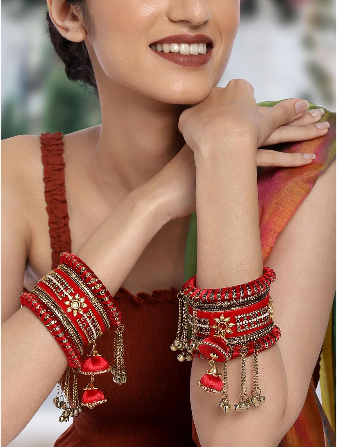 Aheli Wedding Party Designer Velvet Faux Stone Studded Bridal Bangle Set Chuda with Hangings Indian Traditional Ethnic Fashion Jewelry Gift for Women - Image 2