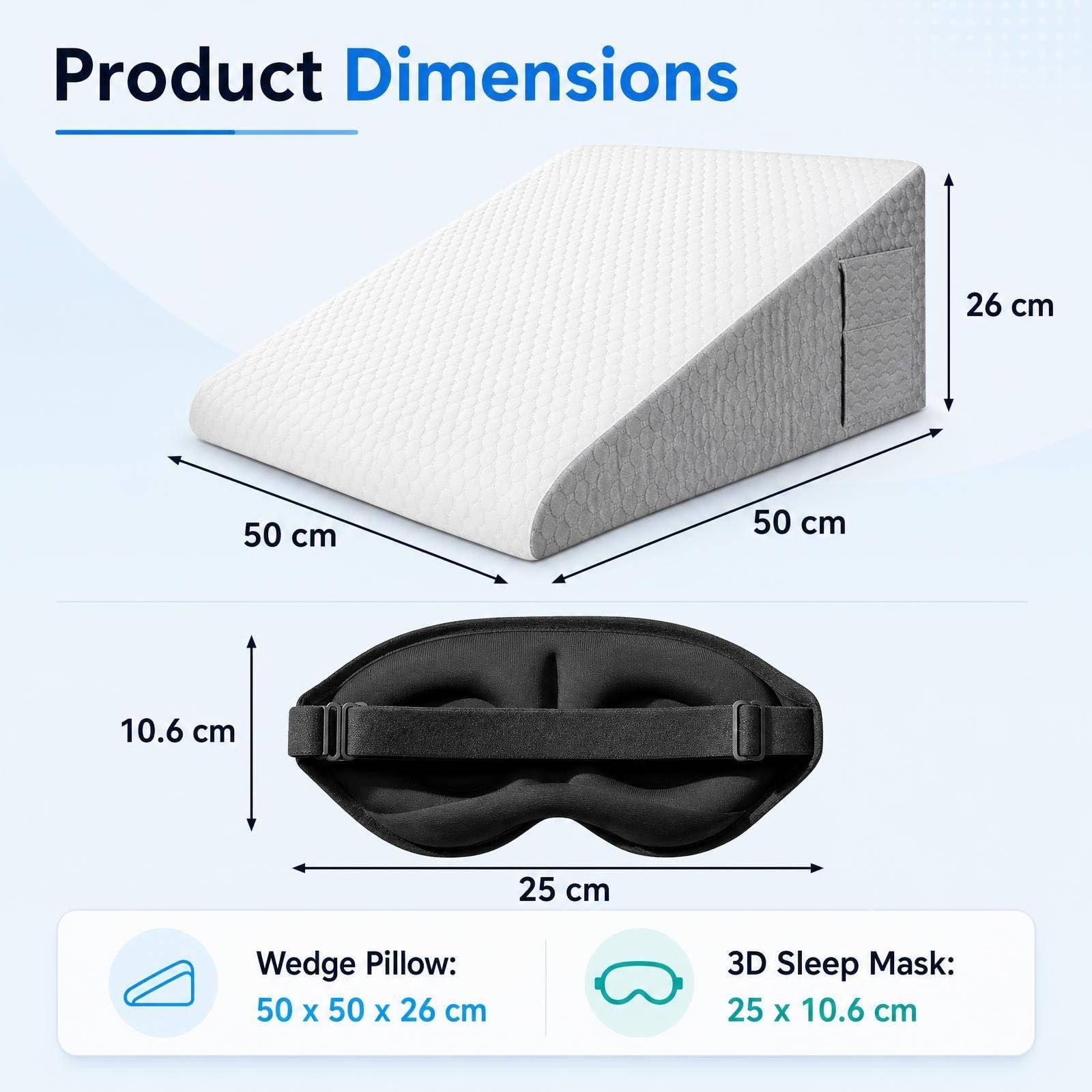 Cojín ortopédico (50 × 50 × 26 cm, Memory Foam Anti-Reflux, Alivia el Reflujo Gástrico, Lectura y Recuperación Post-Operatoria, con máscara de sueño 3D