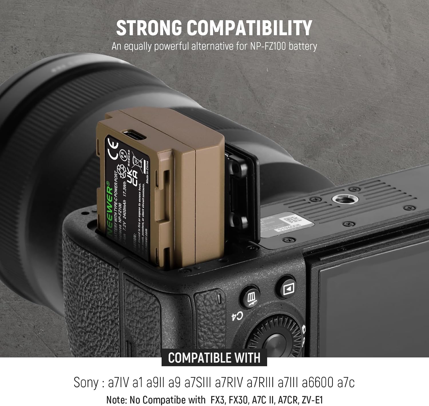 NEEWER NP-FZ100 2400mAh Battery for Sony A7R V A7S III A7 IV, USB-C Charging Cable, Compatible with Sony ZV-E1, FX3, FX30, A1, A9,A9 II, A6600, A7C - Image 2