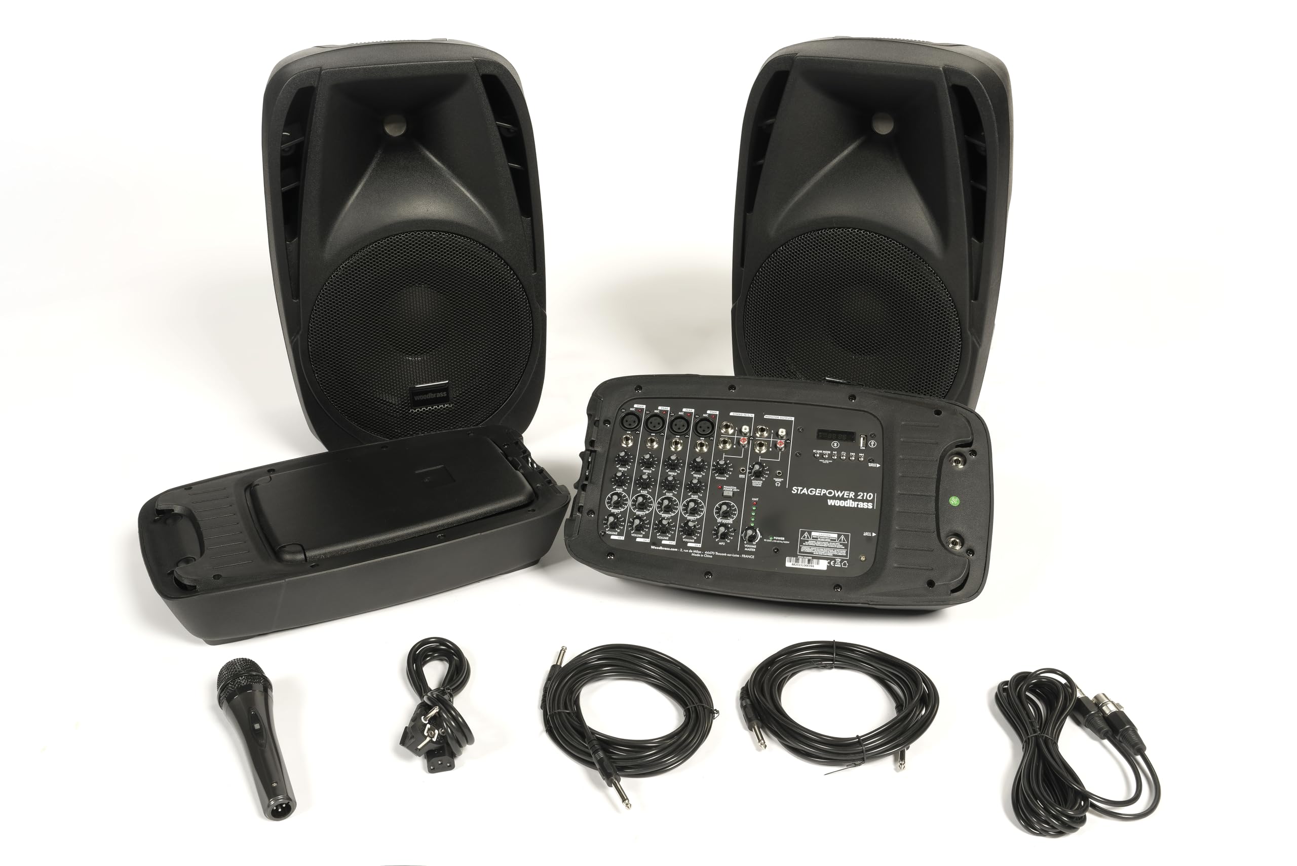 Woodbrass Stage Power 210 Kit Sonorisation Enceintes Puissantes Bluetooth 150W - 96db - Sono Mobile, Robuste, Compacte, Performante, 6 entrées, sans Fil, USB - DJ, Fête, Conférence, Fitness