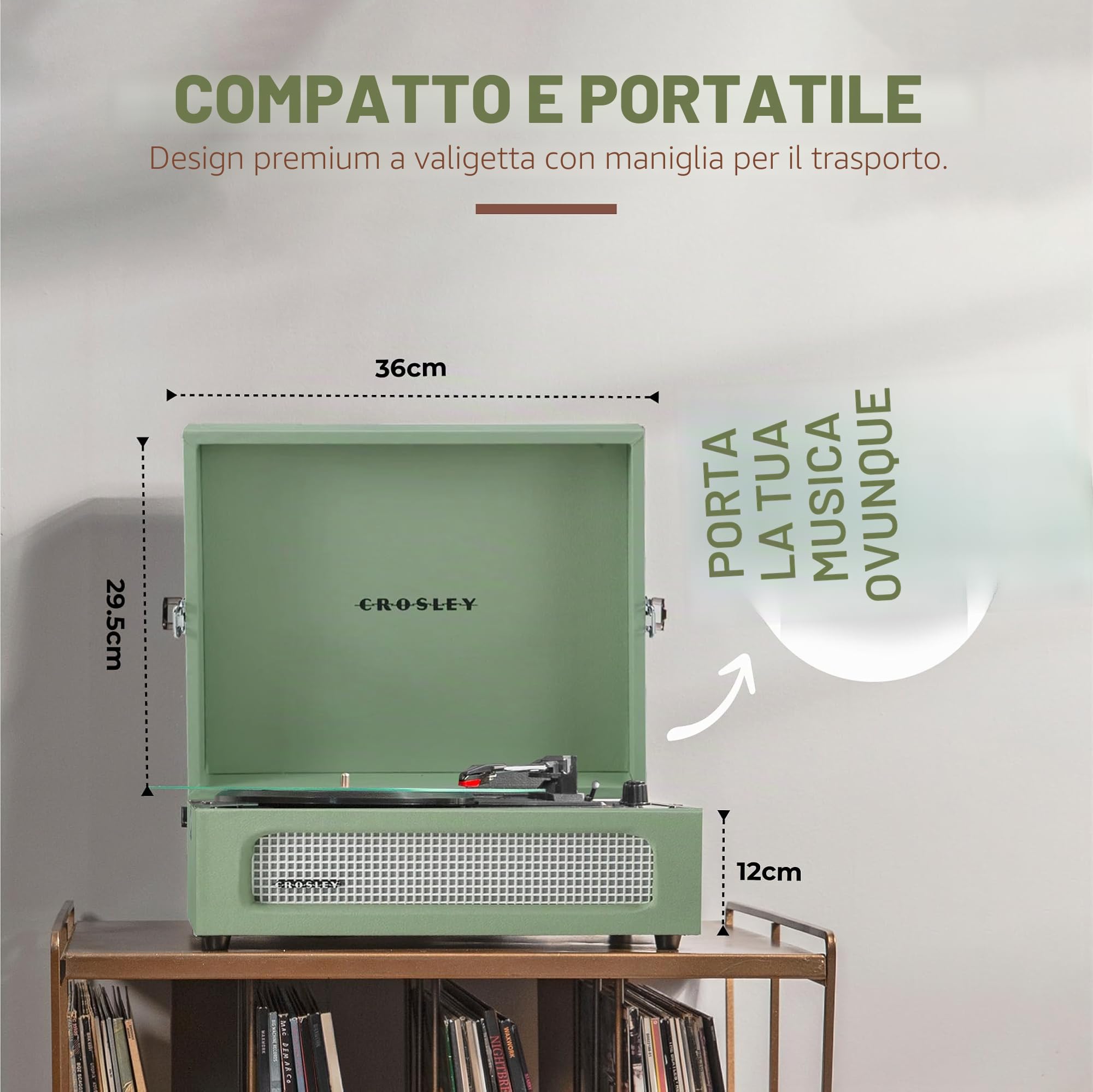 Crosley Voyager Giradischi con 2 altoparlanti, Bluetooth In & Out e AUX - Giradischi Vintage a 3 velocità - Per vinili da 7", 10" e 12" - Portatile con custodia integrata - Sage
