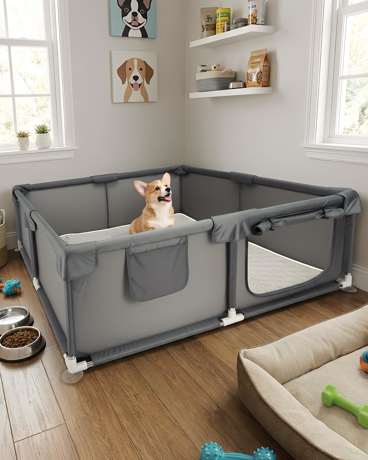 Boîte de naissance pour chiens de petite et moyenne taille - 120 x 120 x 45 cm | Grise, clôture d'activité pour chiots, tissu Oxford avec coussin absorbant pour chiot