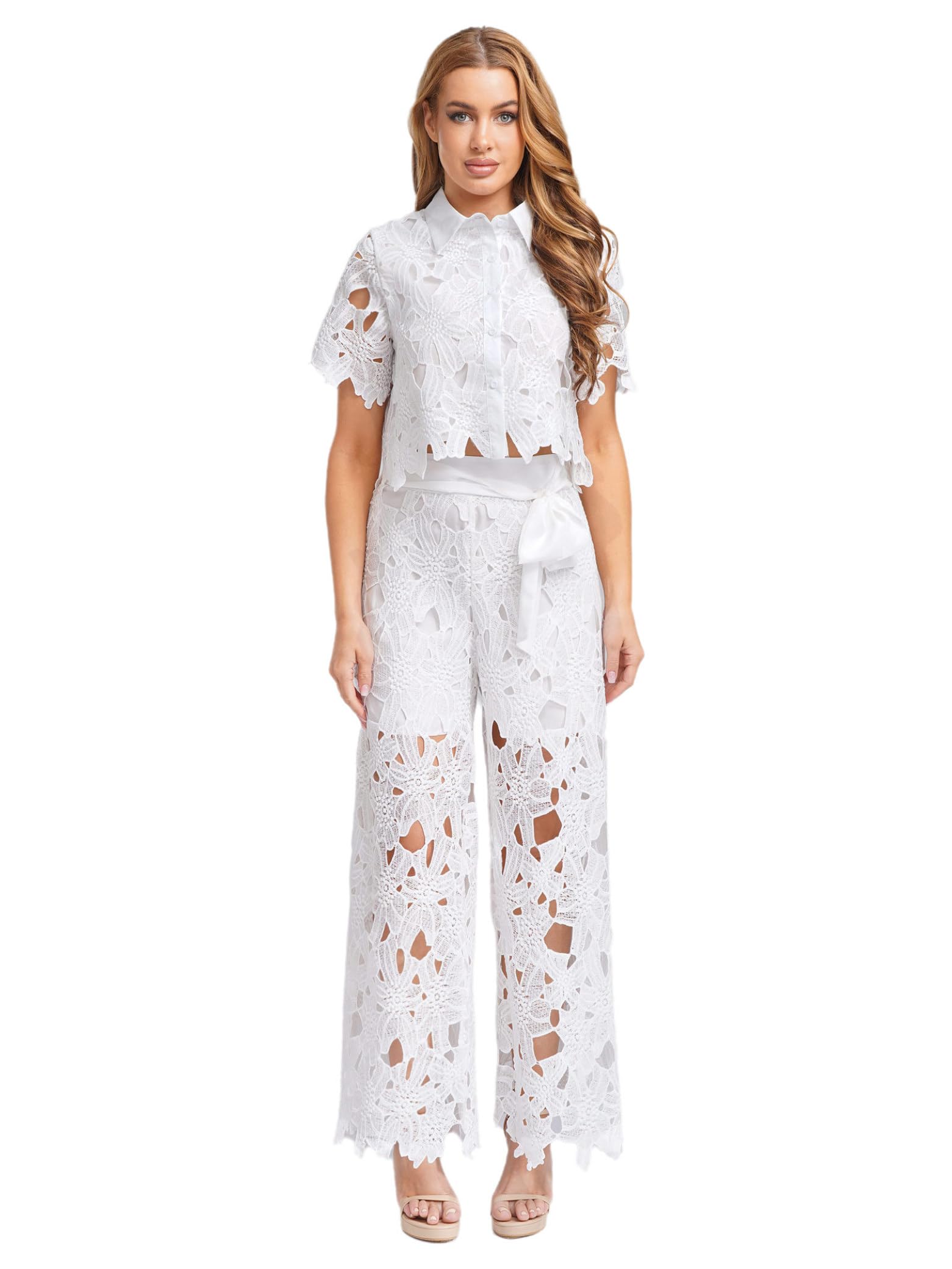 Sywiyi 2 Piece Dress Suit for Women Casual Party Summer Outfits Short Sleeve Tops with Wide Leg Pants