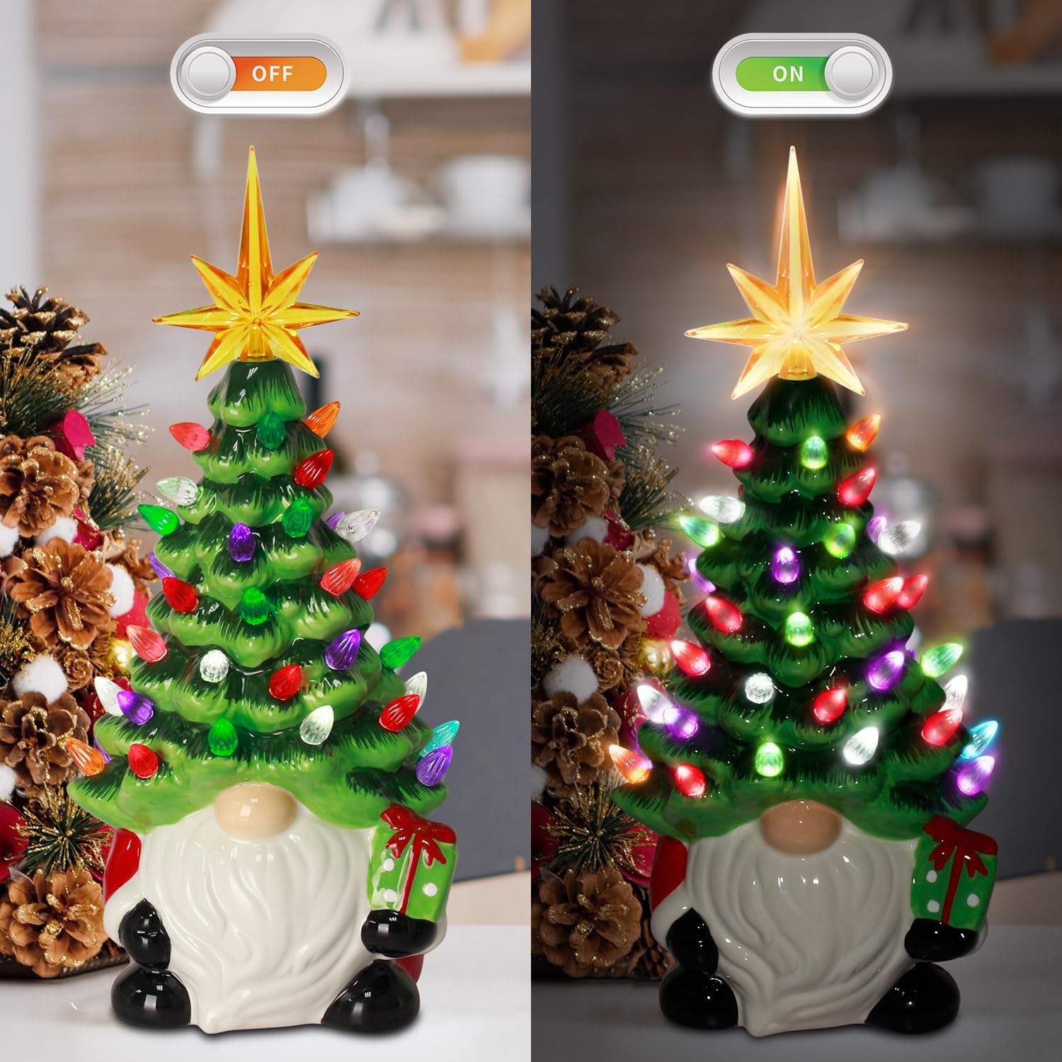 Gnomes Christmas Decorations - 12" Lighted Up Gnomes Ceramic Christmas Tree with 46 Multicolored Lights - Mini Pre-lit Hand-Painted Xmas Tree Decor for Home Indoor