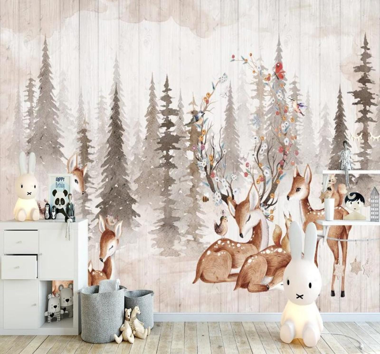 Tzxztt 430Cm×300Cm(B×H) Hand Drawn Forest Cartoon Reindeer Sika Deer Modern 3D Wallpaper Premium Textured Silk Neutral Tones Material Ideal For Living Room Bedroom-430Cm×300Cm
