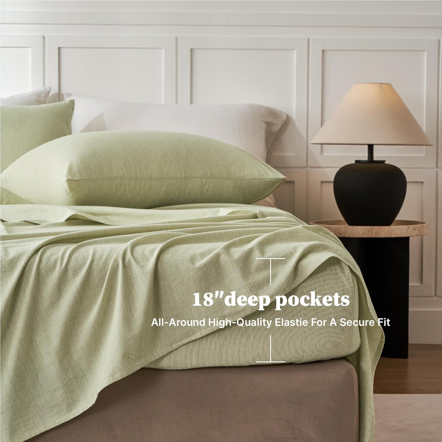 Linen Sheets Queen Size, Cotton Linen Bed Sheets, Breathable, Durable Bed Sets 18" Deep Pocket(Natural Green)