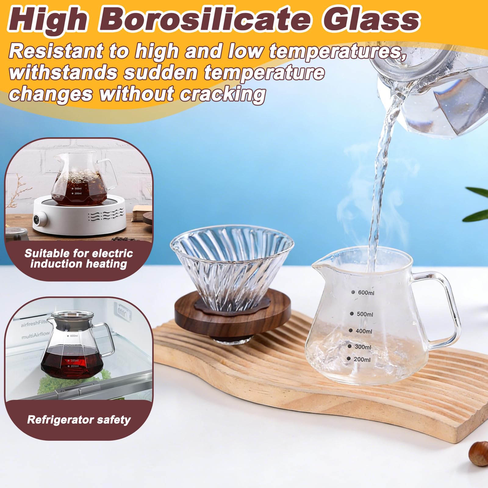 Cafetières à verser, cafetière filtre manuelle en verre transparent de 600 ml, plateau en noyer noir et entonnoir en spirale, goutte adaptée à la maison, au café (comprend 100 papiers filtres)