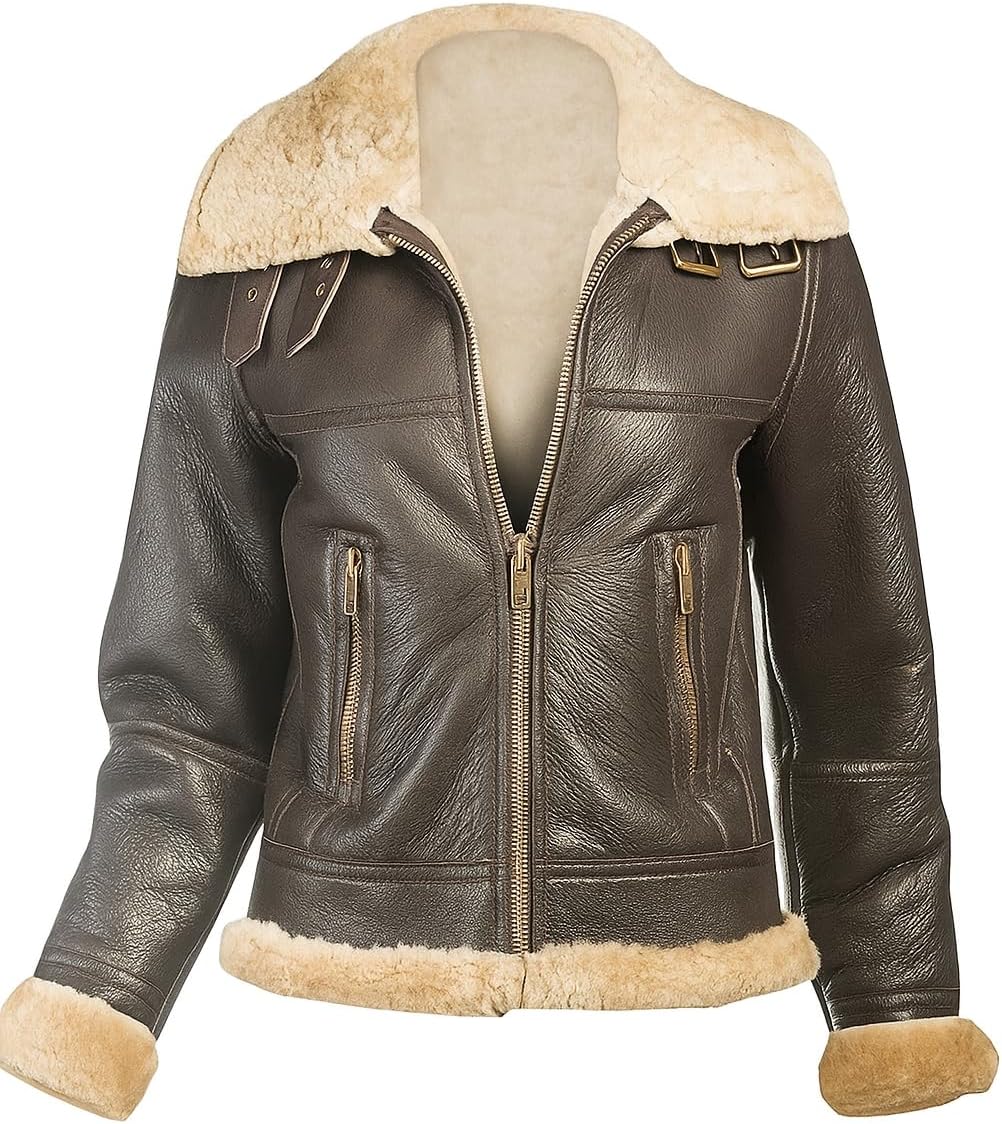 Iconic Women's B3 Aviator Leather Jacket, Faux Shearling Collar, Brown Bomber Style, Winter Flying Coat
