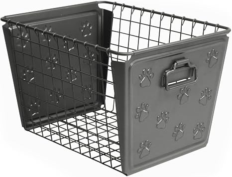 Spectrum Macklin Paws Medium Dog Toy Baskets for Holding Bones Toys Blankets Food & More, Chew Proof Wire Steel Bin with Cute Pawprint Design Cat & Dog Toy Baskets Home Decor, Industrial Gray