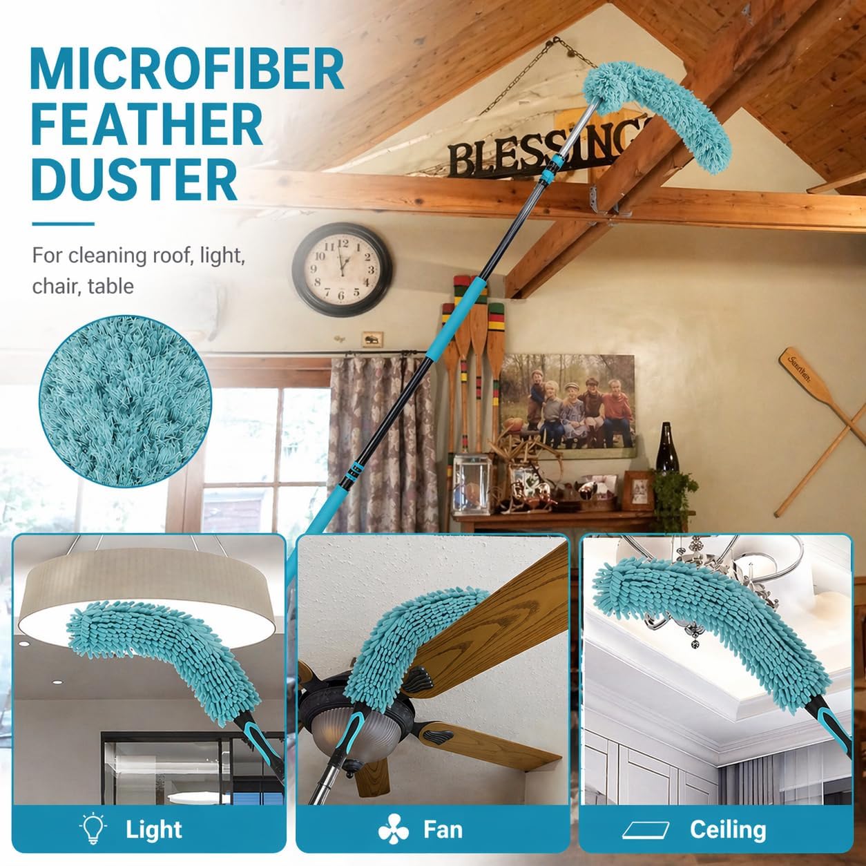 High Ceiling Duster Kit with 4.5-18T Heavy Duty Extension Pole, Reaches Up to 25FT, Includes Microfiber Feather Duster, Cobweb and Ceiling Fan Duster, Window Squeegee Cleaner & Skylight Hook (18FT)