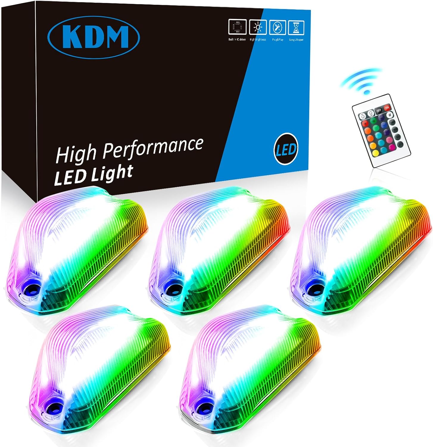 KDM Clear Lens Housing with White Led Bulb Cab Roof Top Marker Lights assembly Fit for 2014-2023 Dodge ram ProMaster 1500 1500 2500 3500 Pick up Truck Van，Mounted Running Clearance Lamp,5Pcs Pack