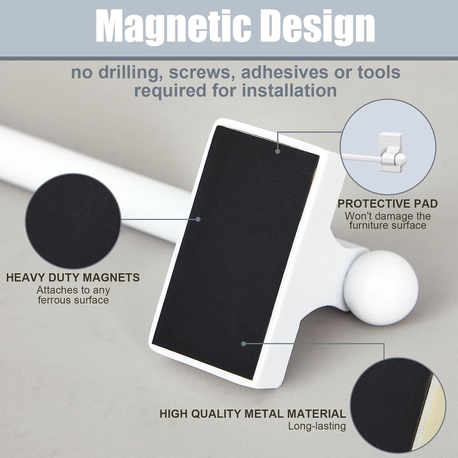 2 Pcs Magnetic Curtain Rods for Metal Door 28 to 48 Inch, 1/2" Multi-use Adjustable Appliance Magnetic Rod for Window Frames, Cabinets, Refrigerators, Dishwashers(White,Style 1)