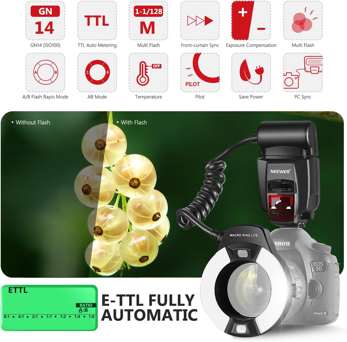 Neewer® Macro TTL Ring Flash Light with LED AF assist lamp for Canon E-TTL TTL Cameras / such as Canon EOS 5D Mark II EOS 6D EOS 7D EOS 70D EOS 60D EOS 60Da EOS 700D 650D 600D 400D 350D 300D 100D 1000D 1100D Rebel T5i T4i T3i Xti XT SL1 XS T3