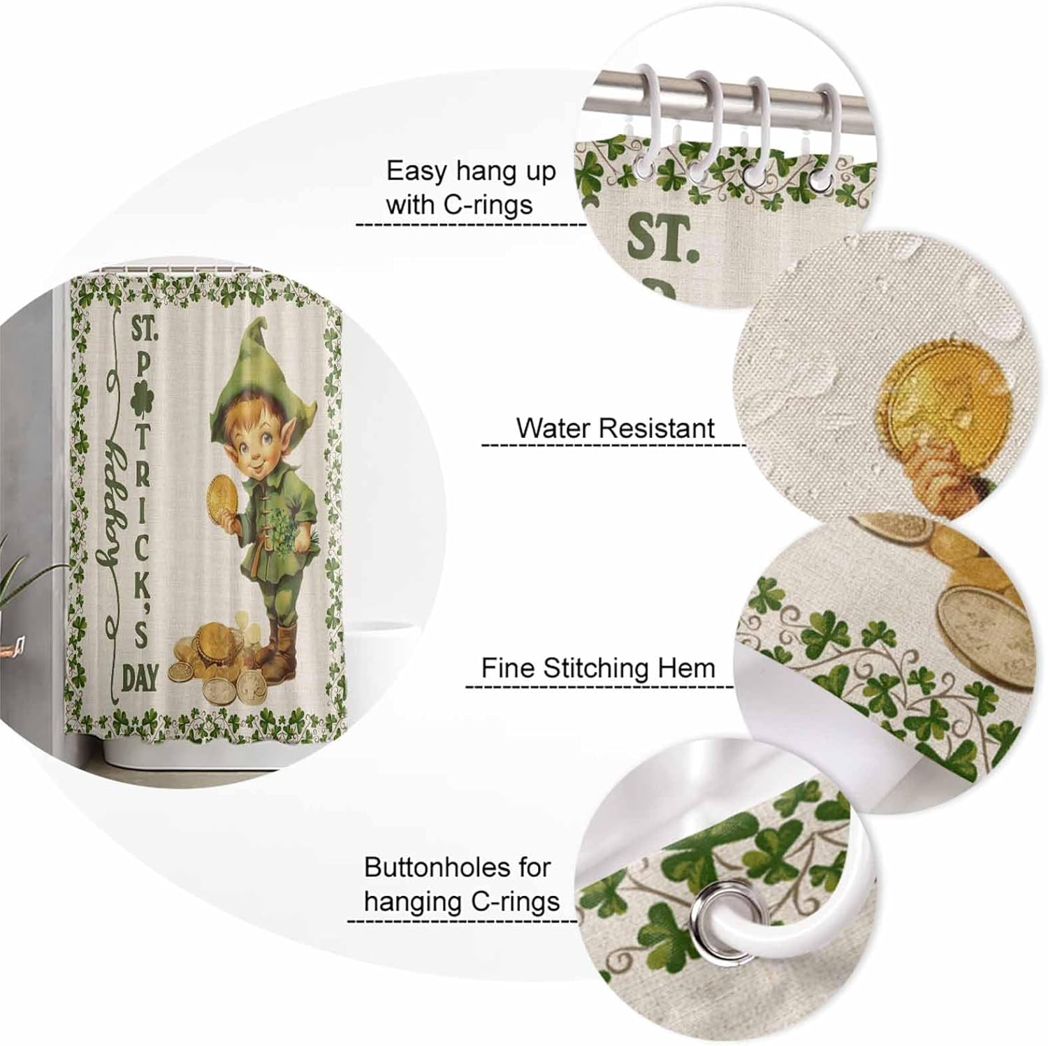 St. Patrick's Day Shower Curtain for Bathroom 36" x 78", Green Clover Elf Watercolor Style Linen Texture Shower Curtain with Hooks Polyester Waterproof Home Bathtub Decor