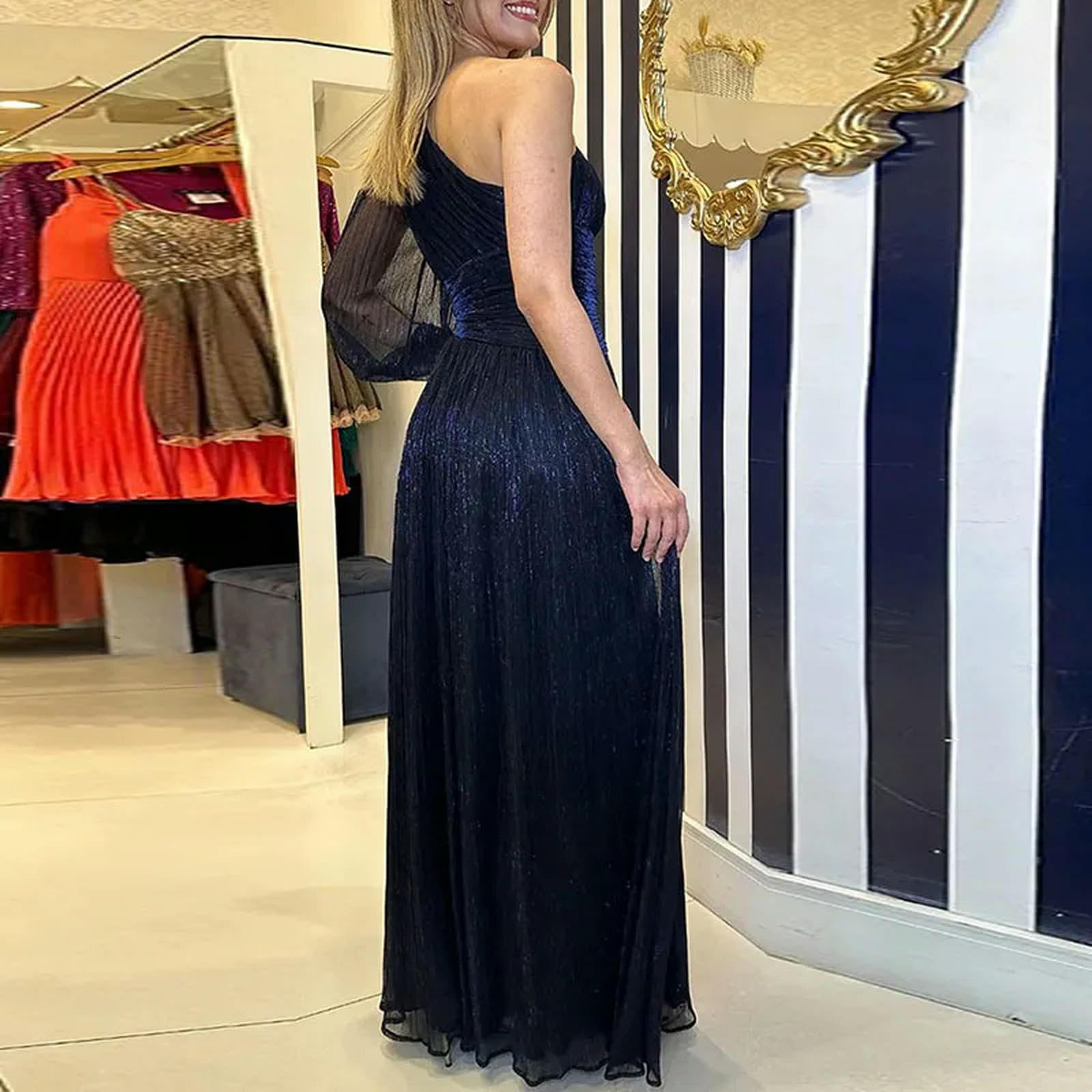 Vestido de Noche con un Solo Hombro y Manga Acampanada para Mujer, Vestido Largo con Abertura y Espalda Descubierta, Vestido Largo de Malla de Encaje para otoño, Vestido Largo con Abertura