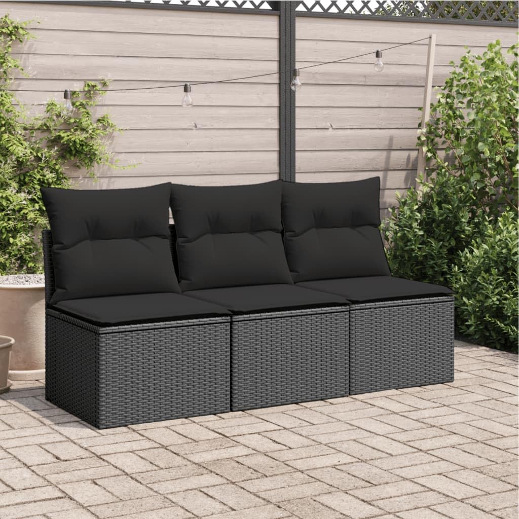 Divano da Giardino a 3 Posti con Cuscini Nero in Polyrattan,Divano Giardino,Divano Giardino Esterno,Divano Giardino per Esterno-365988