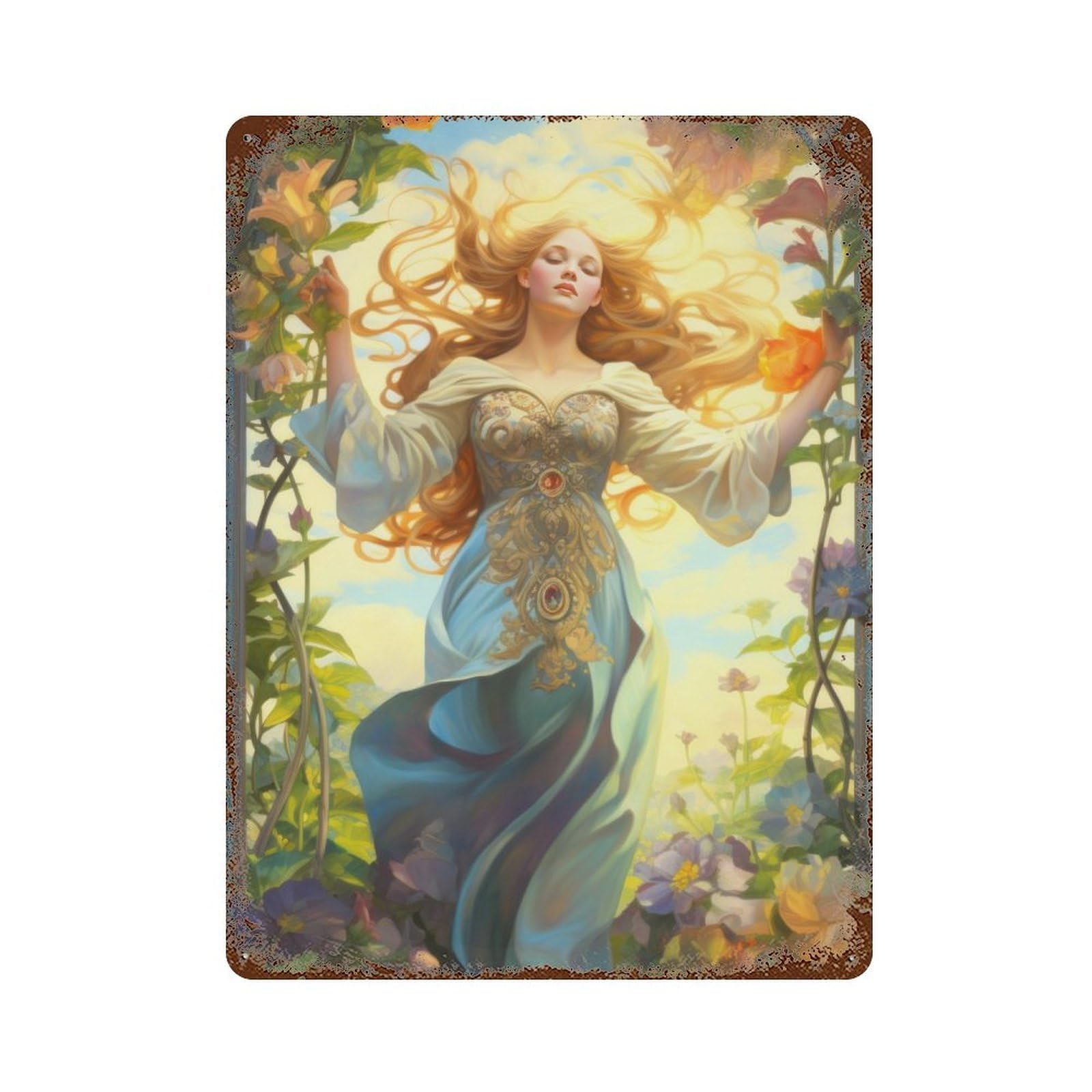 Fantasy Garden Goddess -3 15.7"x11.8" Weathered Tin Sign, Shabby Chic Decor for Farmhouse, Kitchen And Entryway Decor