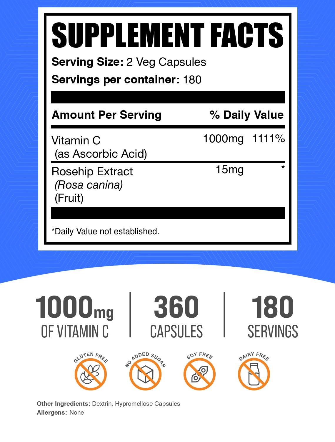 BulkSupplements.com Vitamin C with Rose Hips Capsules - Ascorbic Acid Supplemnet, Rose Hips for Immune Support - Vegan, 2 Capsules per Serving (1000mg), 360 Count (Pack of 1) — Amazon image 2