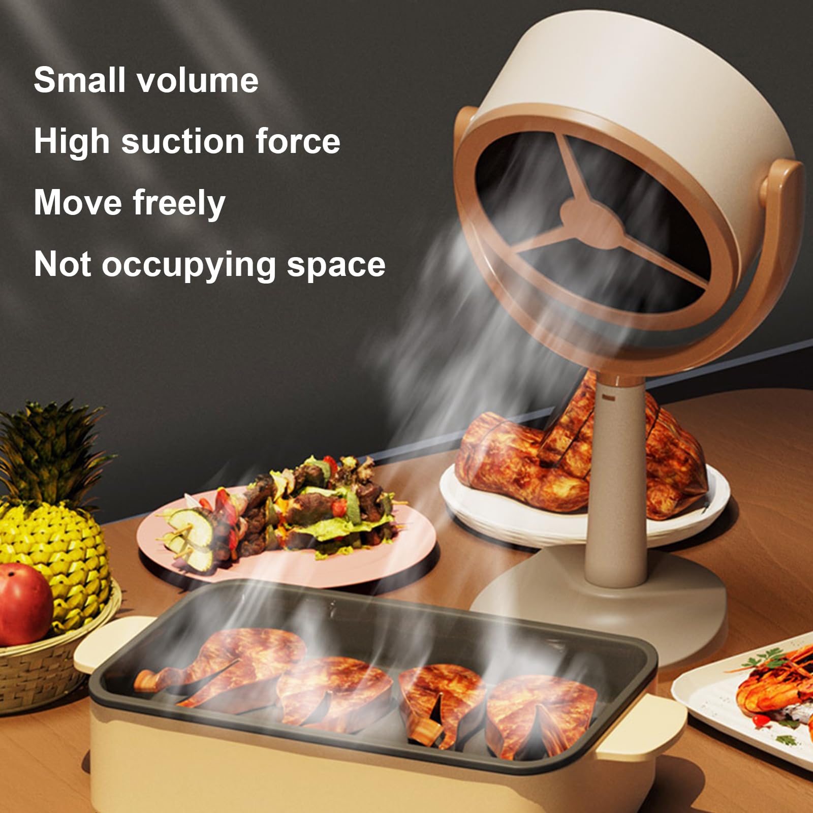 Hotte de bureau portable rechargeable, extracteur d'air de cuisine portable avec 2 vitesses de vent pour la maison, la cuisine, le camping-car, beige