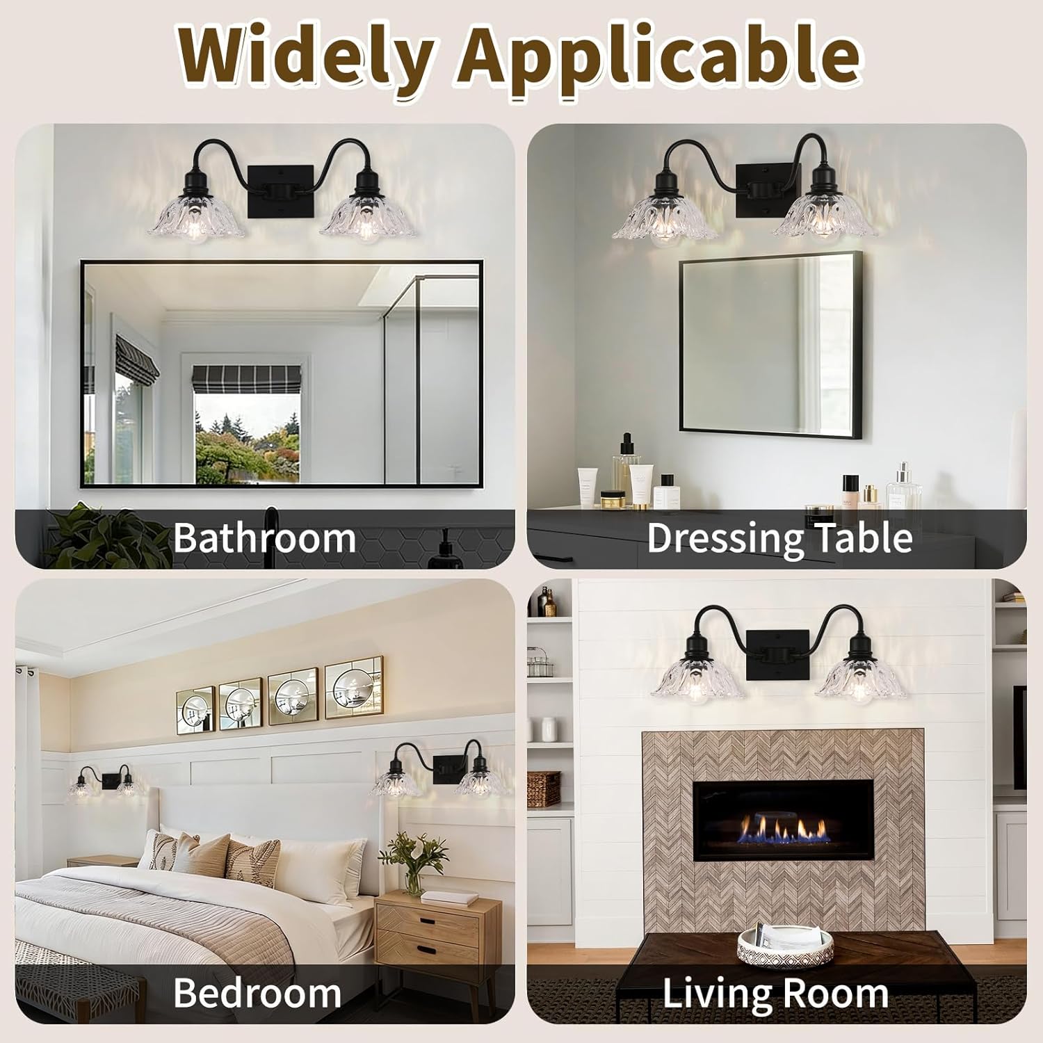 Farmhouse Bathroom Light Fixtures, 2-Light Vanity Light Fixtures with Clear Glass, Modern Wall Sconce for Bathroom Bedroom Hallway Kitchen, Black