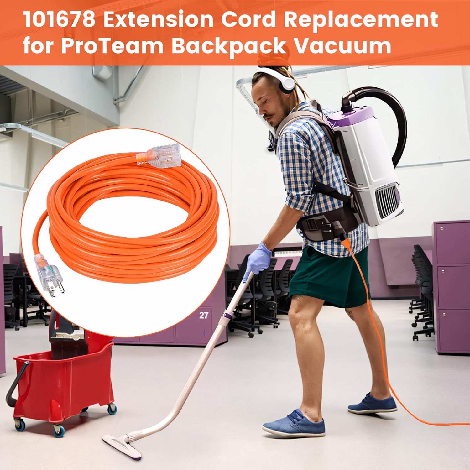 50FT 101678 Extension Cord Compatible with ProTeam Backpack Vacuums, Heavy-Duty 16AWG SJTW Orange Power Cord, Extension Cord