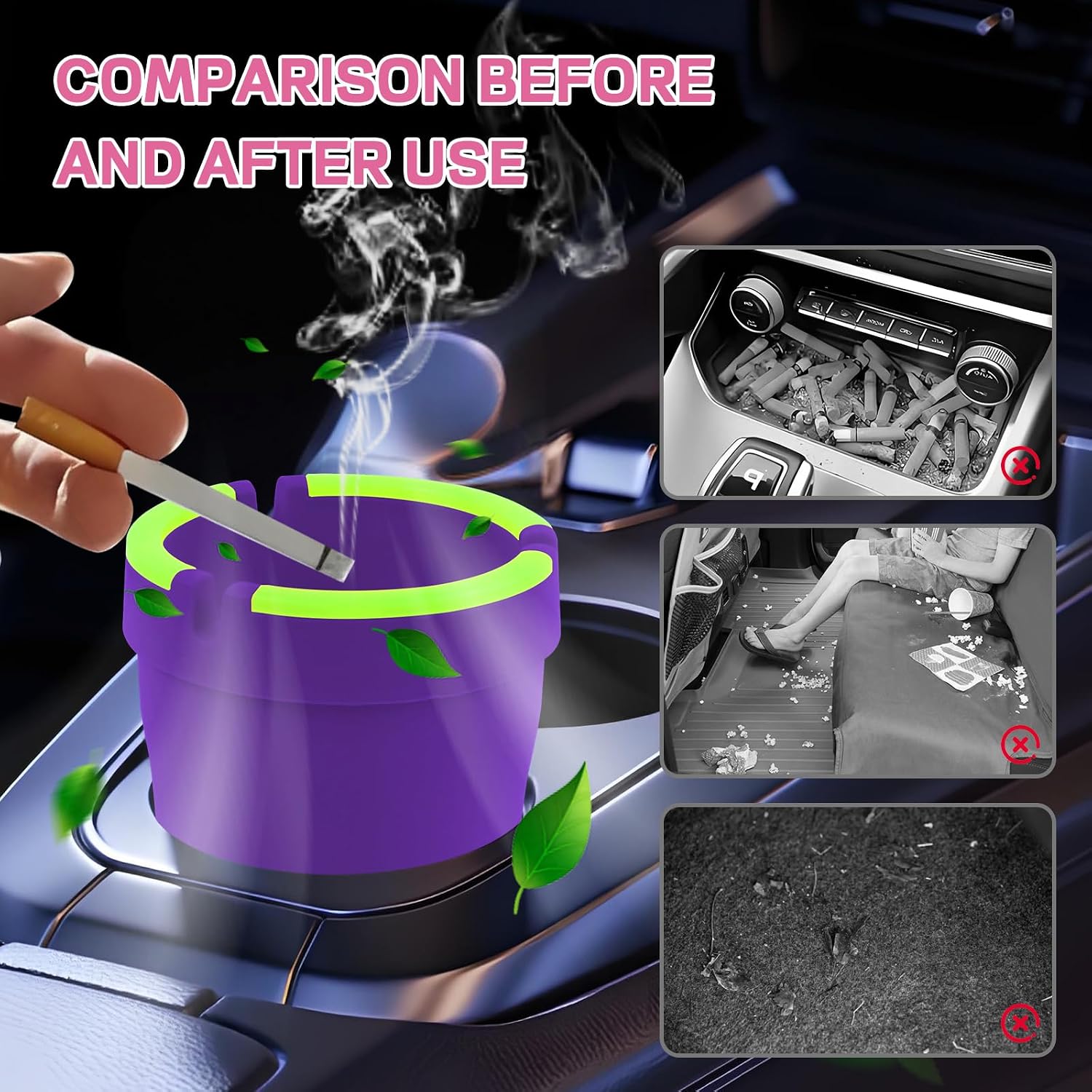 2PCS Glow in The Dark Car Ashtray with Lid, Portable Self-Extinguishing Cup Holder Ash Tray, Smokeless Smellproof Auto Ash Holder Trash Can, Cigarette Butt Bucket for Truck Home Office (Purple)