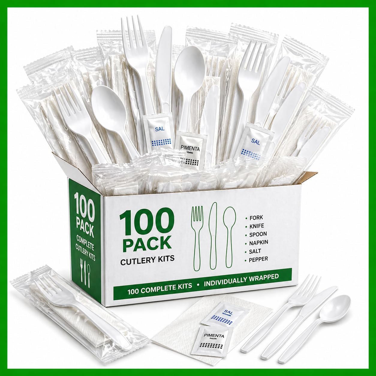 Pack Individually Wrapped Plastic Cutlery Set with Napkin, Salt and Pepper Packets Medium Weight Disposable Silverware Kits for To Go Meals Parties and Catering White, Plastic Silverware Wrapped (100)